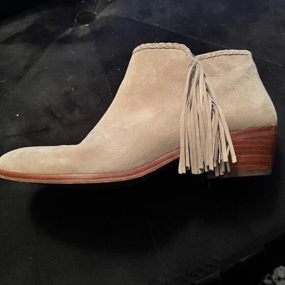 Sam Edelman boots Paige fringe bootie suede greige ankle stacked heel Sz 7.5 - Picture 3 of 13